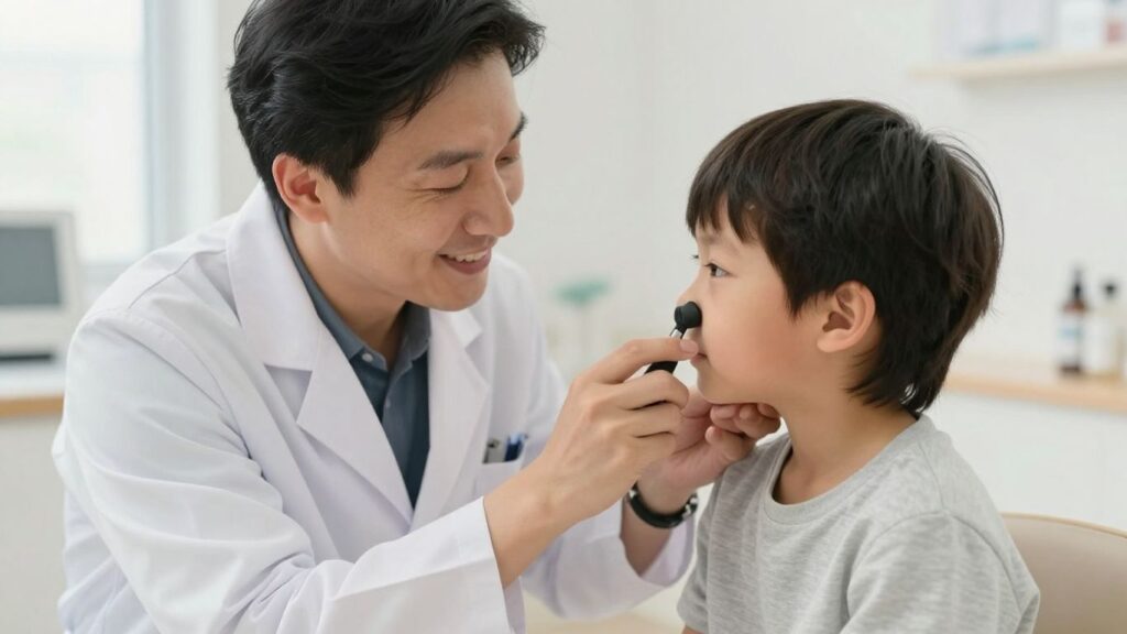 Child ENT specialist examining a child's ear.