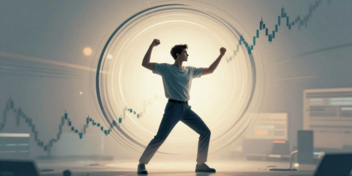 Trader navigating market fluctuations with energetic lines.