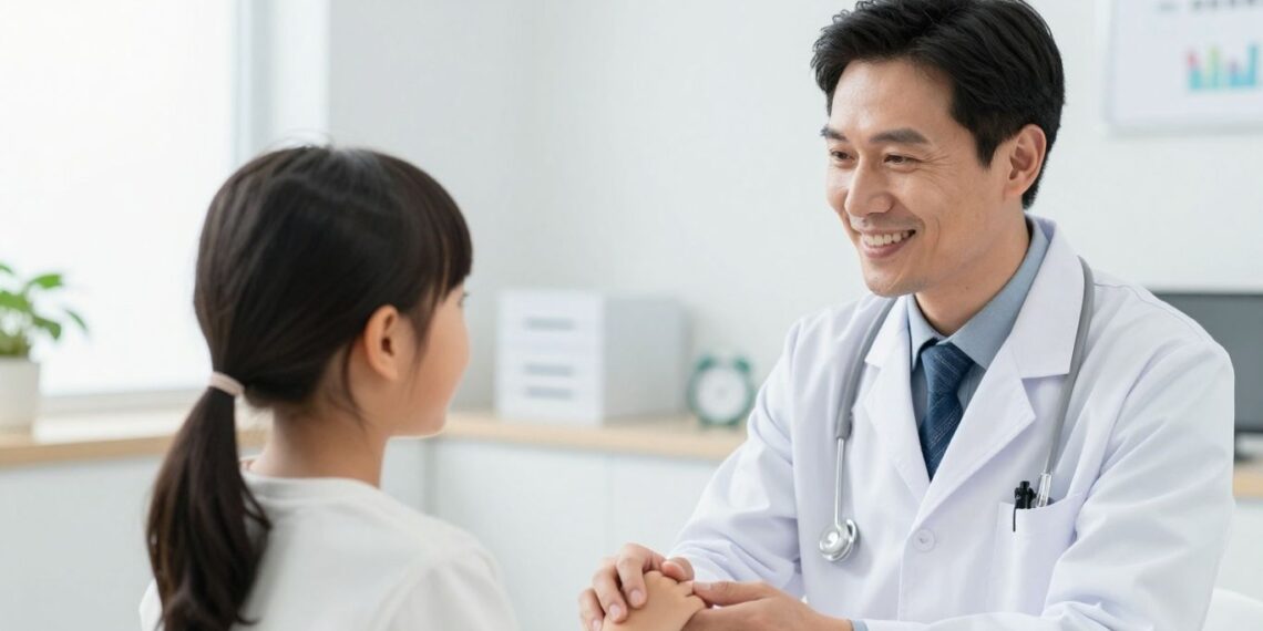 Pediatric ENT doctor with a child in a clinic | JustPicked Doctor in a white coat smiles while holding a young patient's hands during a clinic consultation in a bright exam room