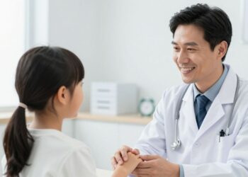 Doctor in a white coat smiles while holding a young patient's hands during a clinic consultation in a bright exam room