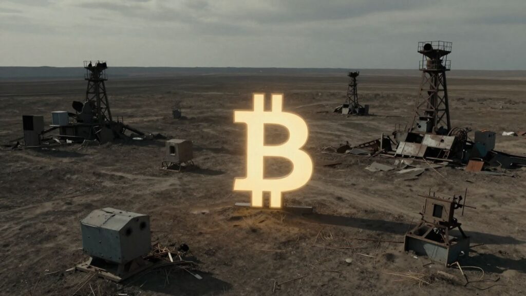 Bitcoin mining rigs abandoned in a desolate landscape | JustPicked Bitcoin mining rigs abandoned in a desolate landscape.