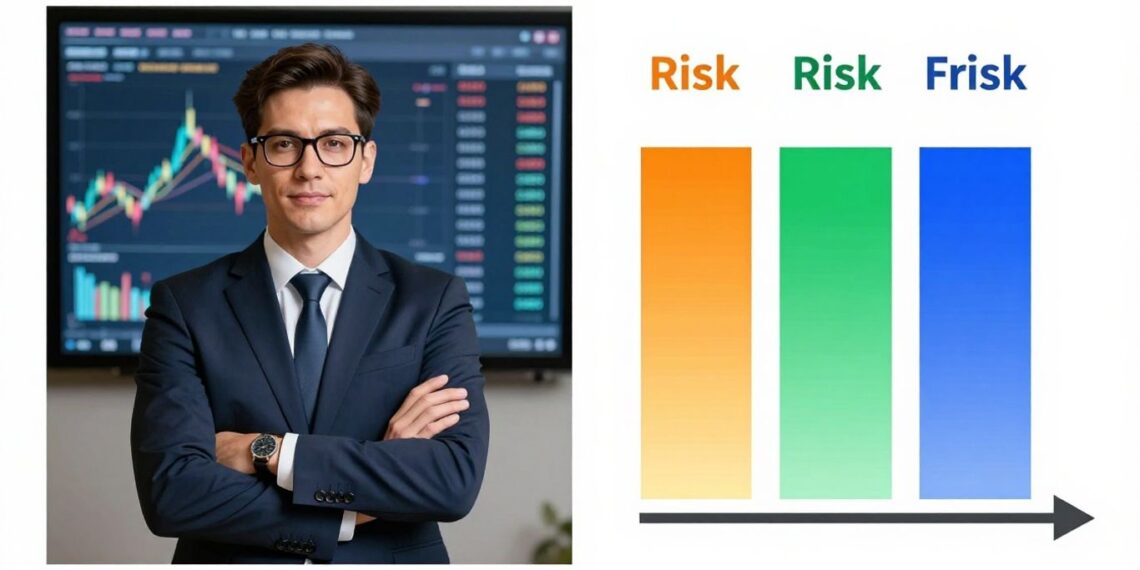 Businessperson in a suit with arms crossed in front of a stock market chart on a screen, beside a three-bar risk chart (orange, green, blue) with an axis arrow.