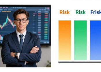 Businessperson in a suit with arms crossed in front of a stock market chart on a screen, beside a three-bar risk chart (orange, green, blue) with an axis arrow.
