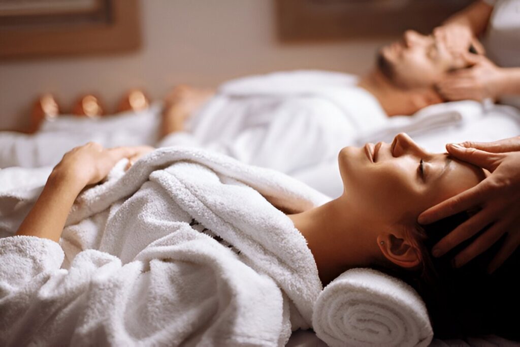 Young couple receiving head massage at beauty spa | JustPicked Young couple receiving head massage at beauty spa