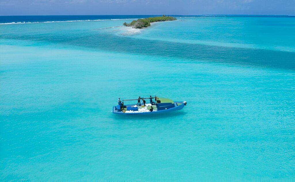 aerial view blue fishing boat local
