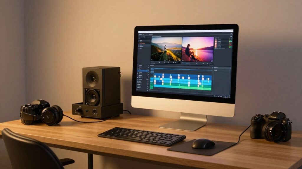image | JustPicked Professional video editing workspace with computer and gadgets