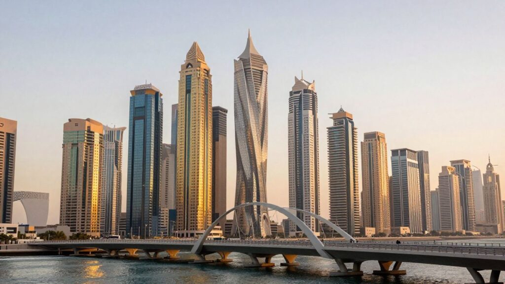 Dubai skyline with free zone and mainland connection.