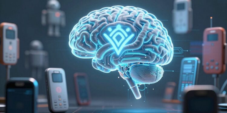 Advanced AI brain contrasted with outdated Android phones