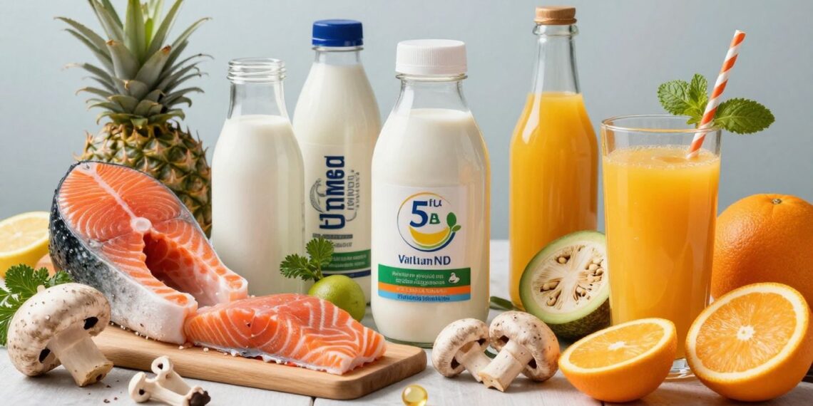 Assortment of Vitamin D-rich foods and sunlight.