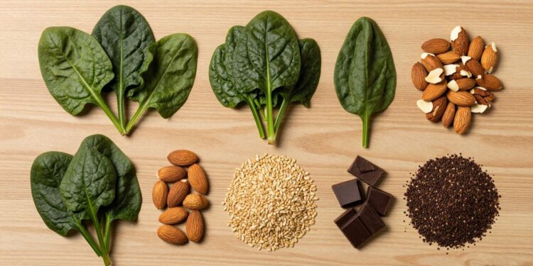 Assortment of magnesium-rich foods on a table | JustPicked Assortment of magnesium-rich foods on a table.