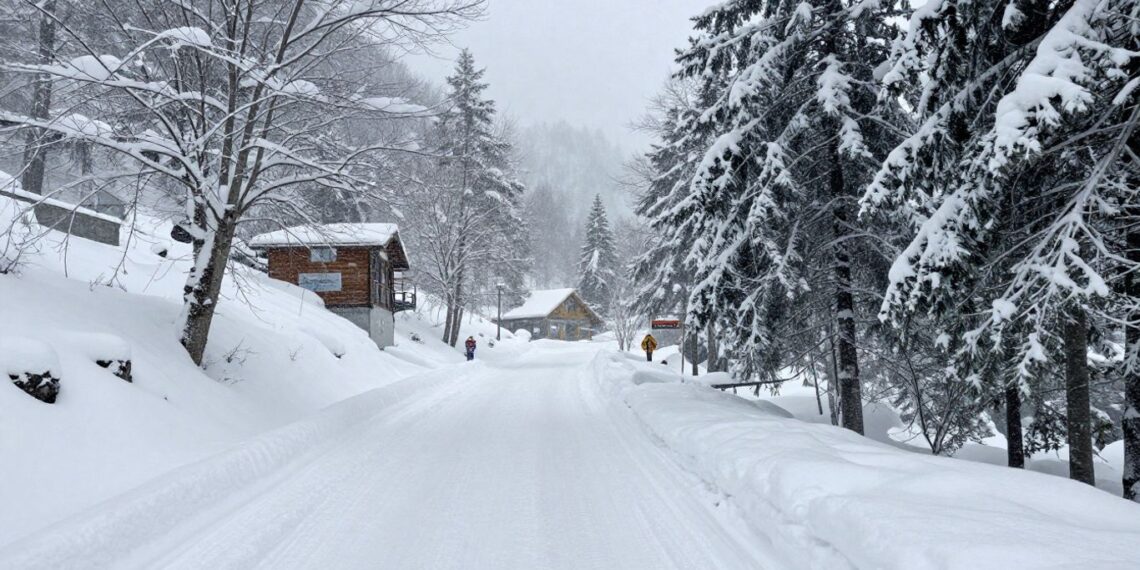 Auli covered in heavy snow, travel disrupted.