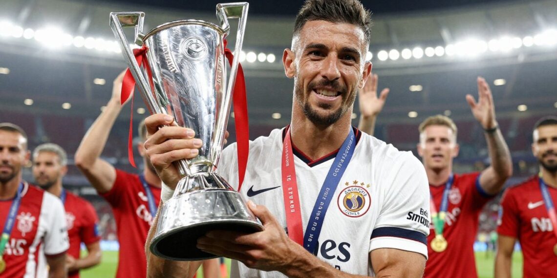 Bruno Fernandes holding a Player of the Season trophy.