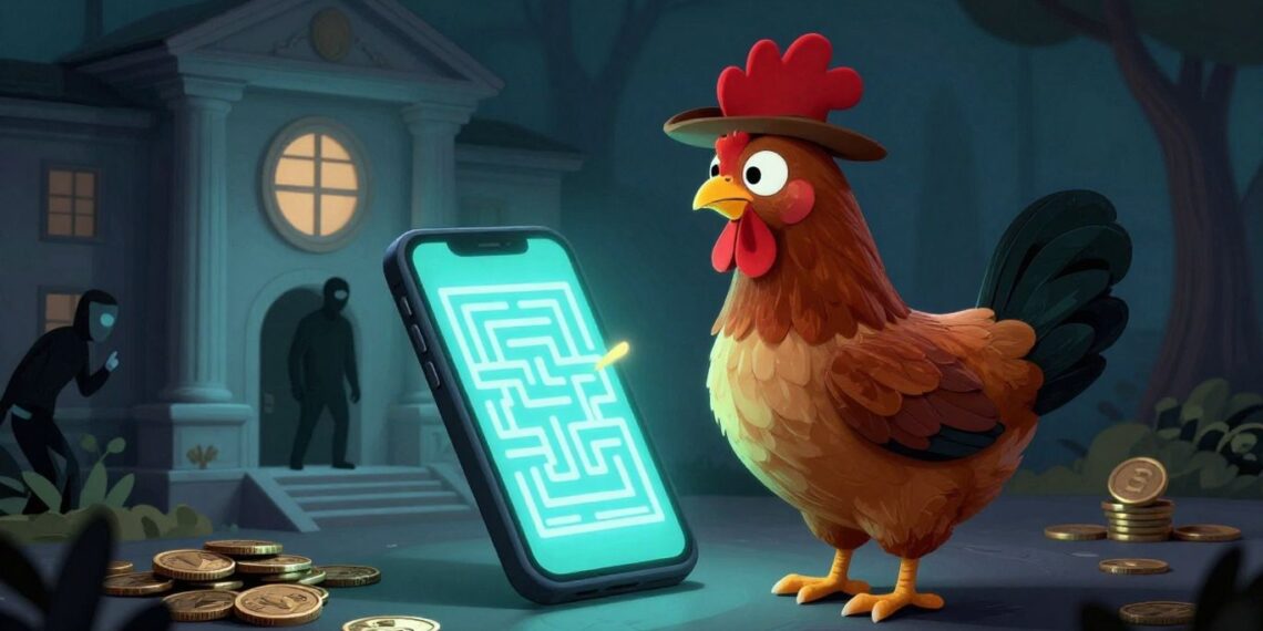Chicken playing a mobile game, avoiding scams and legal issues.