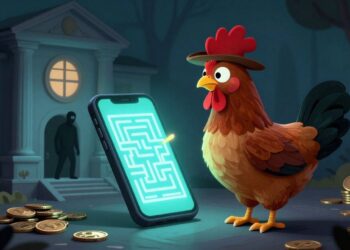 Chicken playing a mobile game, avoiding scams and legal issues.