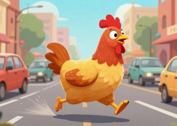 Chicken running on a busy Indian road.