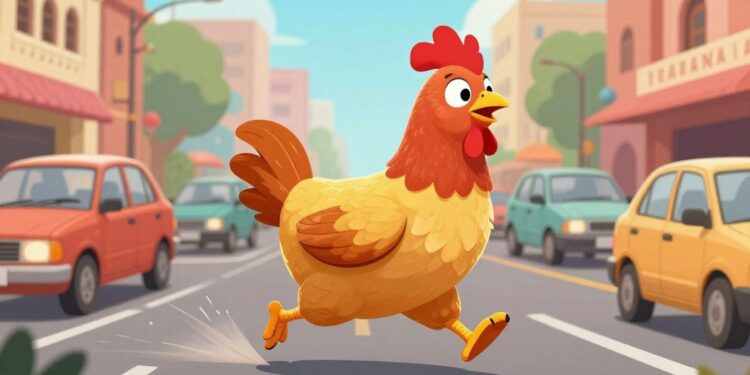 Chicken running on a busy Indian road.