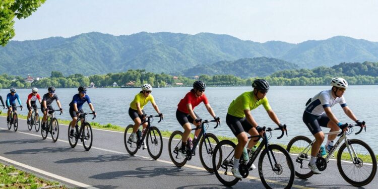 Cyclists ride bikes near Dal Lake for Cyclothon 2026 | JustPicked Cyclists ride bikes near Dal Lake for Cyclothon 2026.