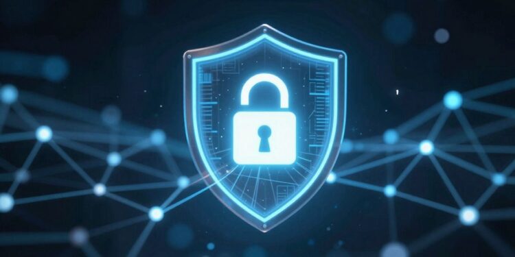 Data security shield protecting network data points.