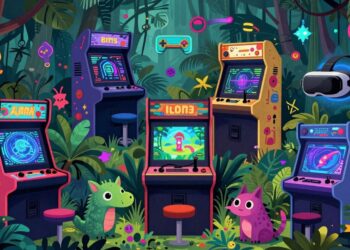 Diverse gaming elements collage retro arcade, VR headset, jungle, creatures.