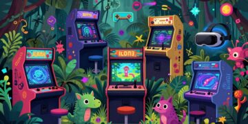 Diverse gaming elements collage retro arcade, VR headset, jungle, creatures.