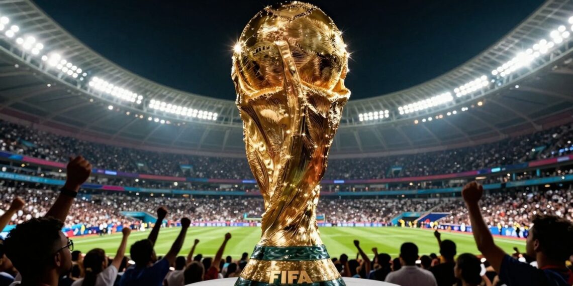 FIFA World Cup trophy and cheering fans for 2026 event.