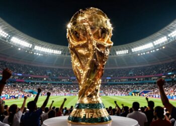 FIFA World Cup trophy and cheering fans for 2026 event.