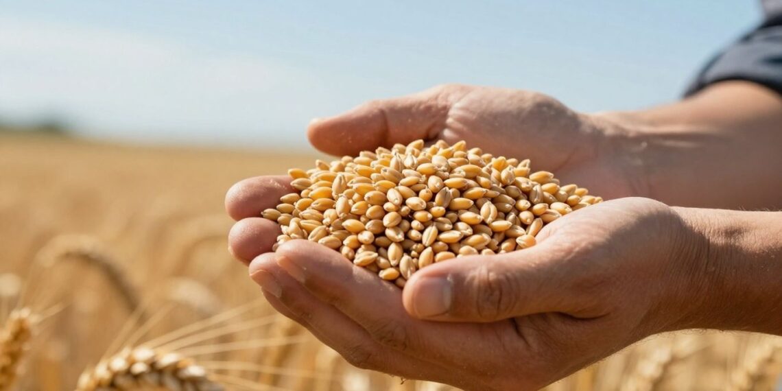 Golden wheat grains held in hands healthy food