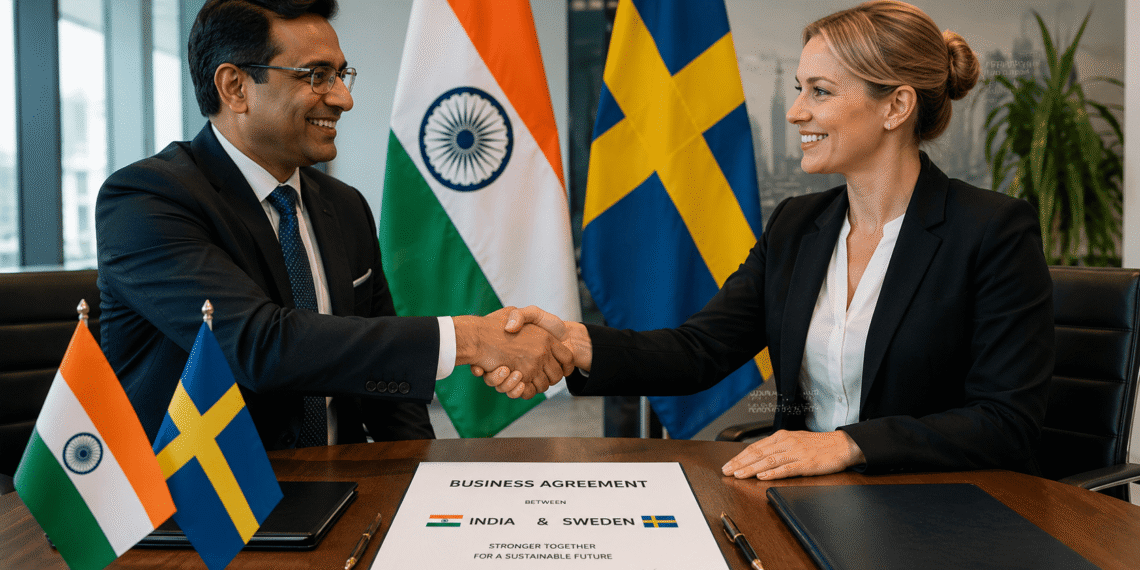 India and Sweden flags, handshake, business agreement.