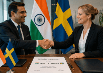 India and Sweden flags, handshake, business agreement.