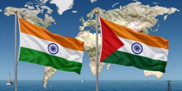 India and UAE flags with global map backdrop.