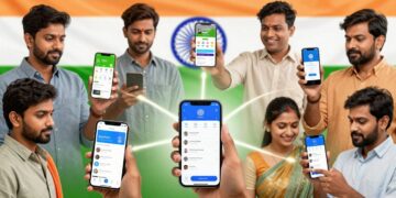 Indian citizens using essential government apps on smartphones.