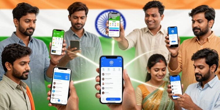 Indian citizens using essential government apps on smartphones.