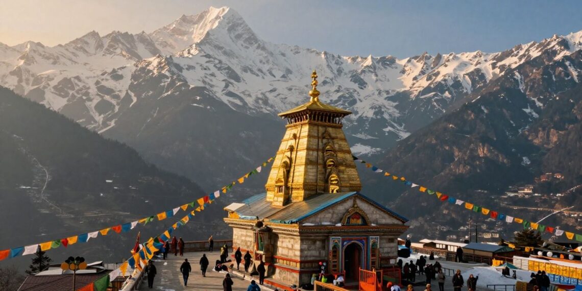 Kedarnath Temple in Himalayas with pilgrims on a path.