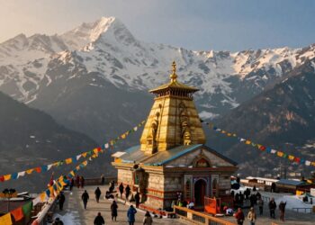 Kedarnath Temple in Himalayas with pilgrims on a path.