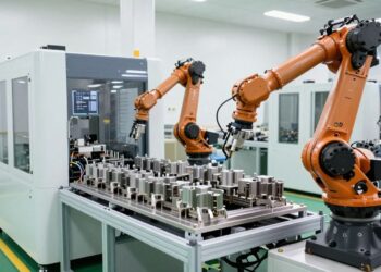 Manufacturing facility with robotic arms and machinery.