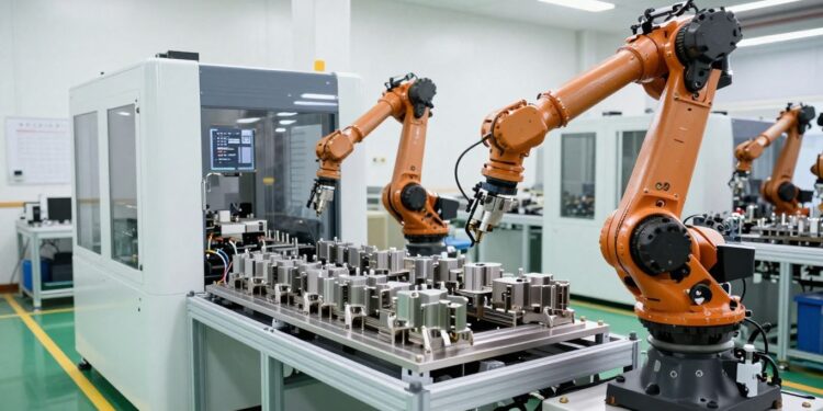 Manufacturing facility with robotic arms and machinery.