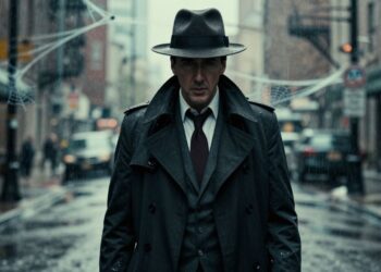 Nicolas Cage as Spider-Noir in a dark rainy city