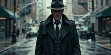 Nicolas Cage as Spider-Noir in a dark rainy city