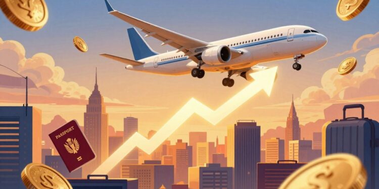 Scapia funding revolutionizes travel fintech with airplane and financial icons.