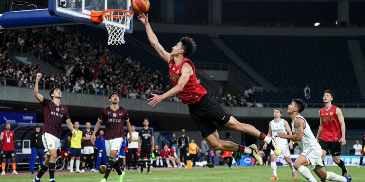 Sports action collage dramatic goals, dunks, and catches.