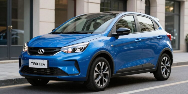 Blue compact hatchback car parked on a city street, shown from the front‑left angle.