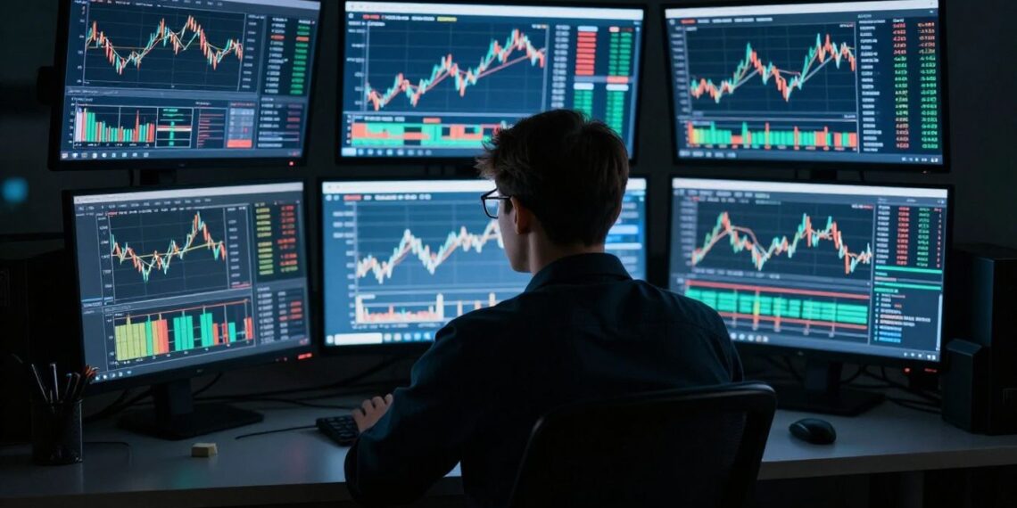 Trader focused on glowing computer screens in a dark room | JustPicked Trader focused on glowing computer screens in a dark room.