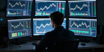 Trader focused on glowing computer screens in a dark room.