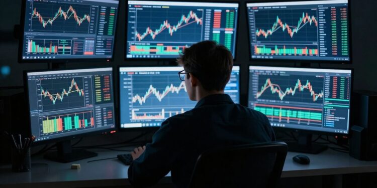 Trader focused on glowing computer screens in a dark room | JustPicked Trader focused on glowing computer screens in a dark room.