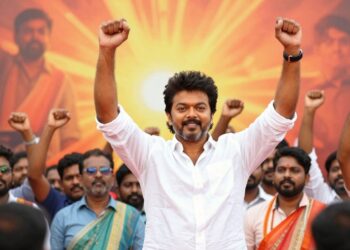 [Vijay]'s party rally - Crowd cheers for the new political force.