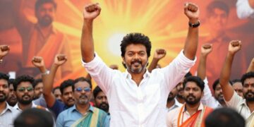 [Vijay]'s party rally - Crowd cheers for the new political force.