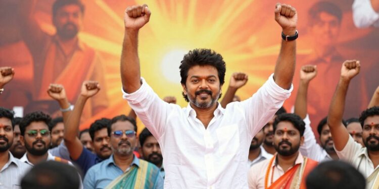 [Vijay]'s party rally - Crowd cheers for the new political force.