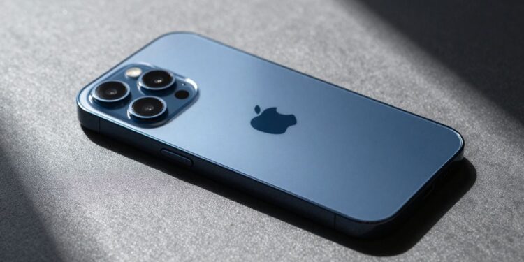 iPhone 17 Pro Max deep blue, sunlight glinting off display.