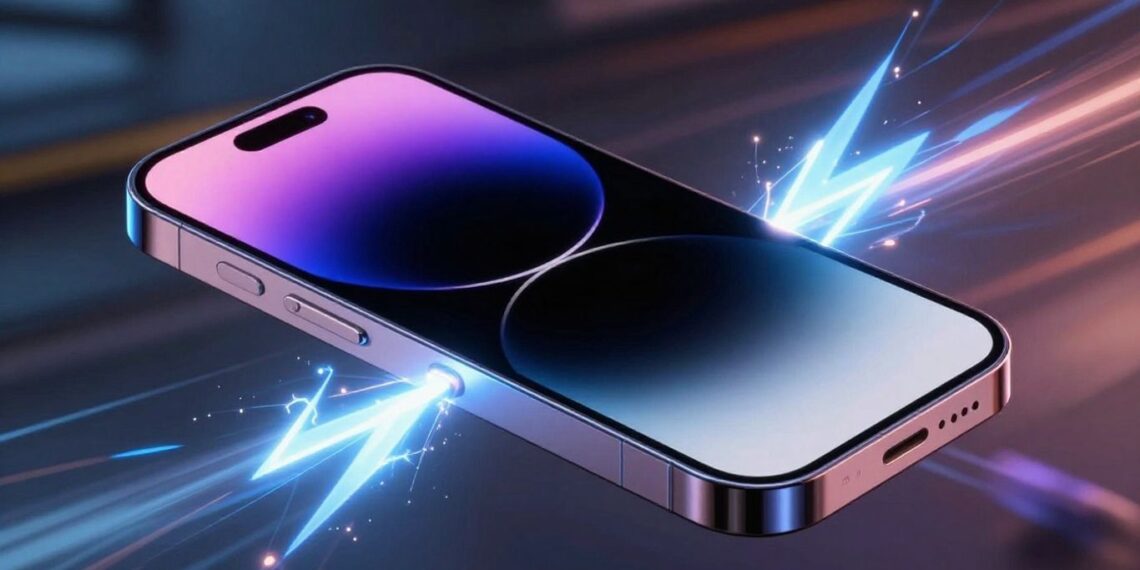 iPhone 17 Pro charging rapidly with a lightning bolt effect.