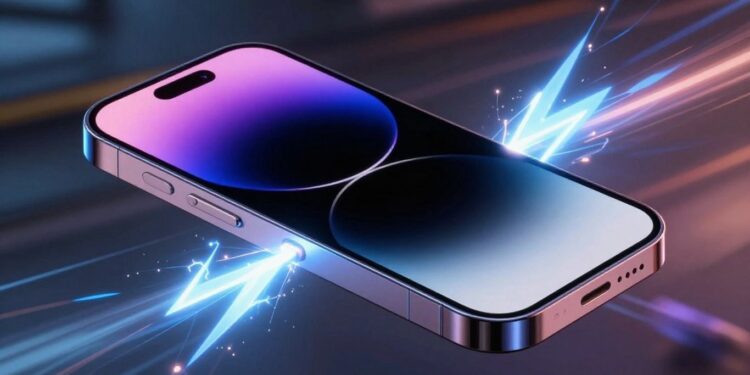 iPhone 17 Pro charging rapidly with a lightning bolt effect.